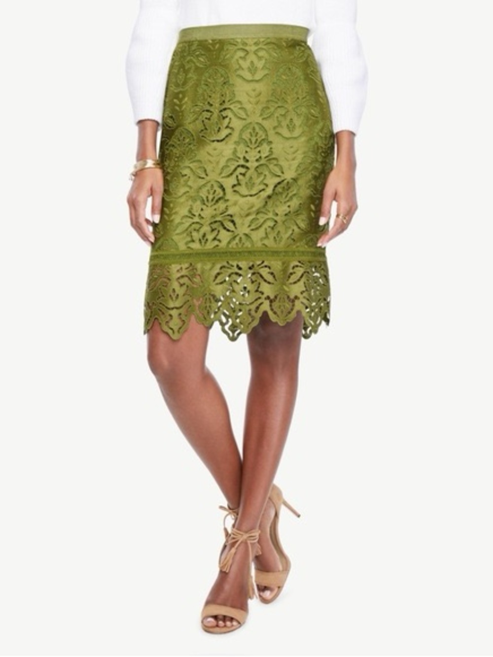 Ann Taylor Olive Green Lace Midi Skirt Size 2